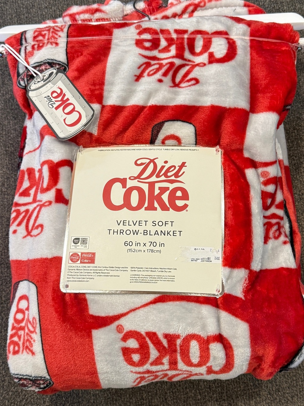 Diet Coke Red & Light Gray  Checkered Velvet Soft Throw Blanket 60” x 70”